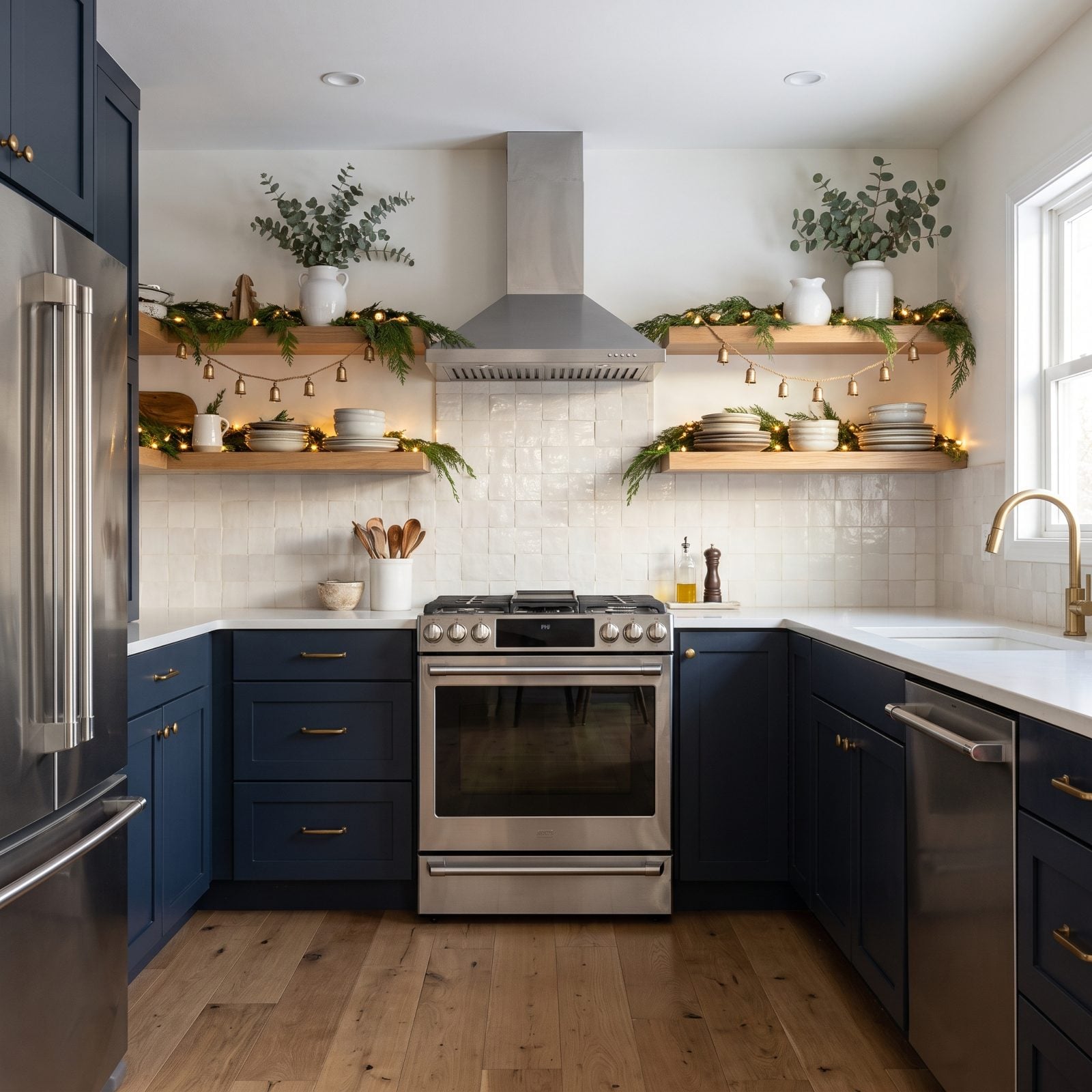 A Blank Kitchen Backsplash Beneath Decorated Upper Shelves