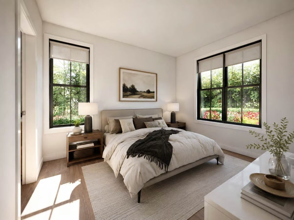 Black Frames, Linen Bedding, and Windows That Do the Heavy Lifting