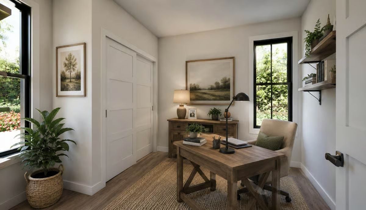 Jute Rugs, Black Window Frames, and an Office That Earns Quiet