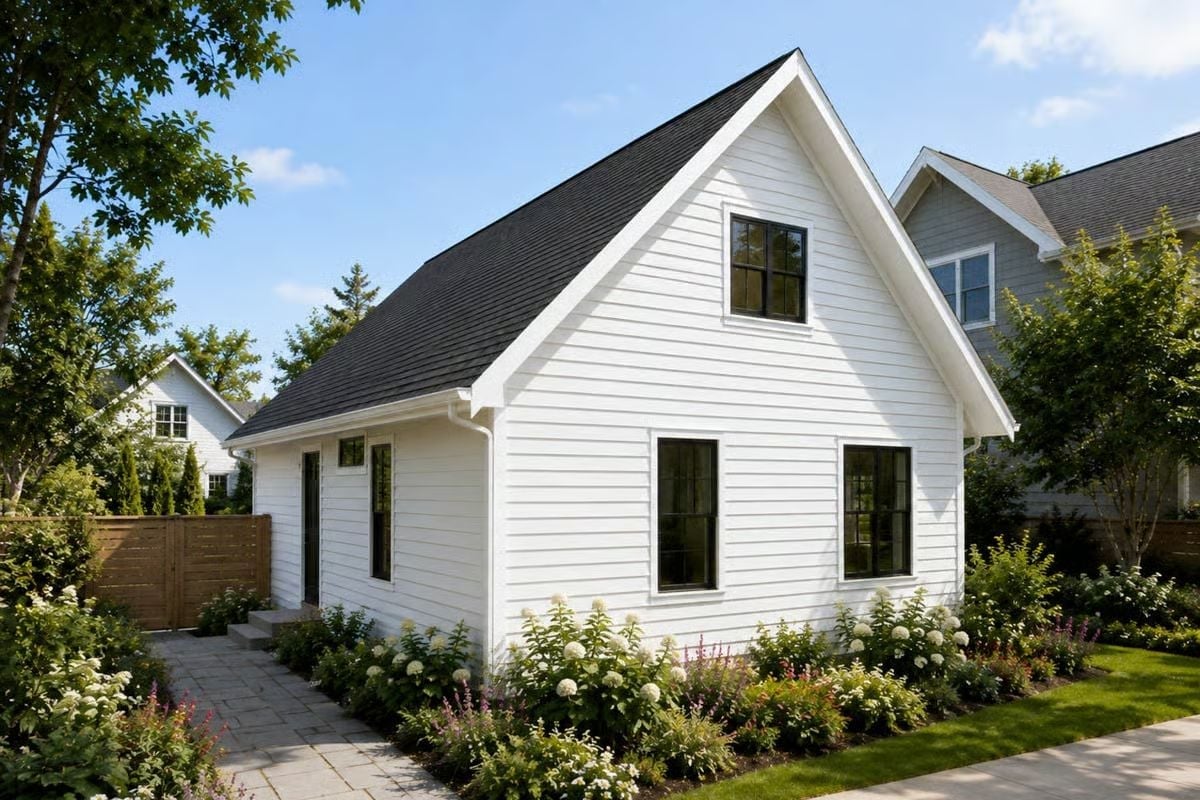 White Lap Siding, Black Frames, and a Roofline That Earns Its Keep
