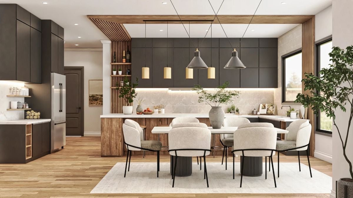 Dark Cabinetry, Raw Wood Accents, and a Dining Setup That Knows Its Job