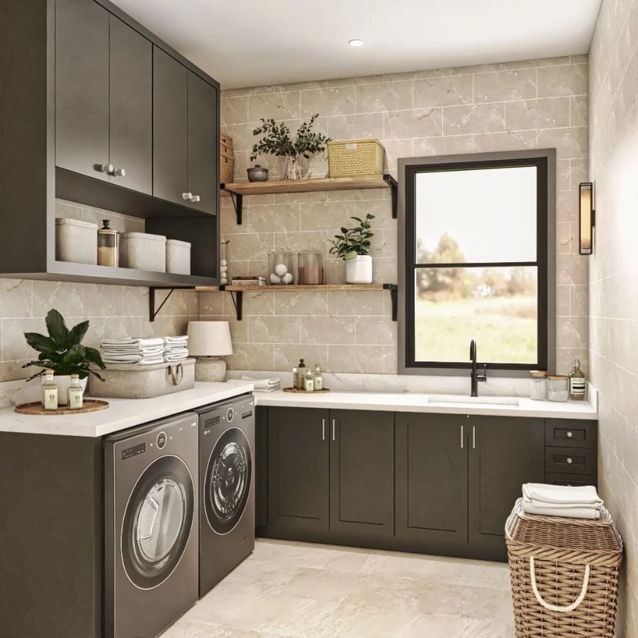 Dark Cabinets, Open Shelving, and a Sink Under the Window Done Right