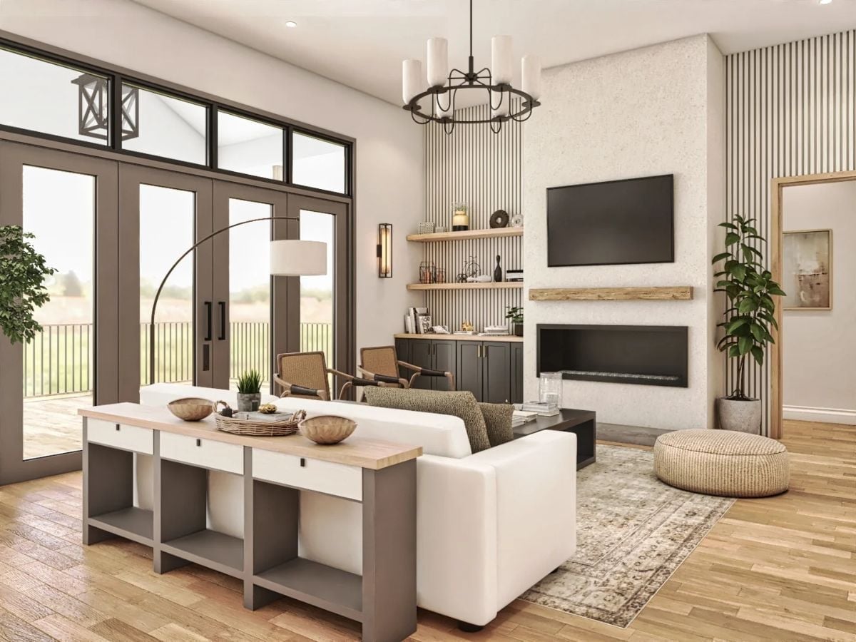 Open-Concept Living Where the Sofa Floats and the Fireplace Actually Does Work