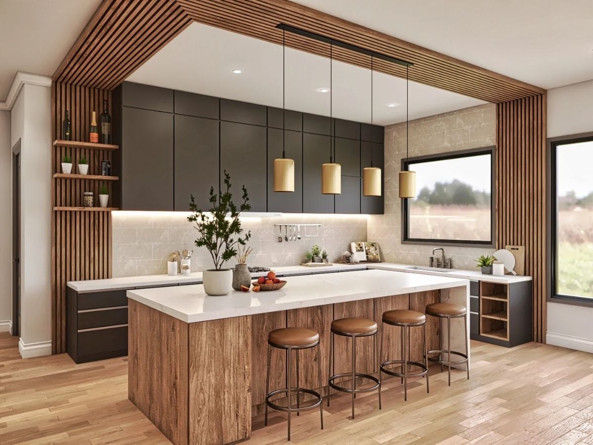 Rustic Wood Island Base, Gold Pendants, and Dark Cabinets That Pull It Together