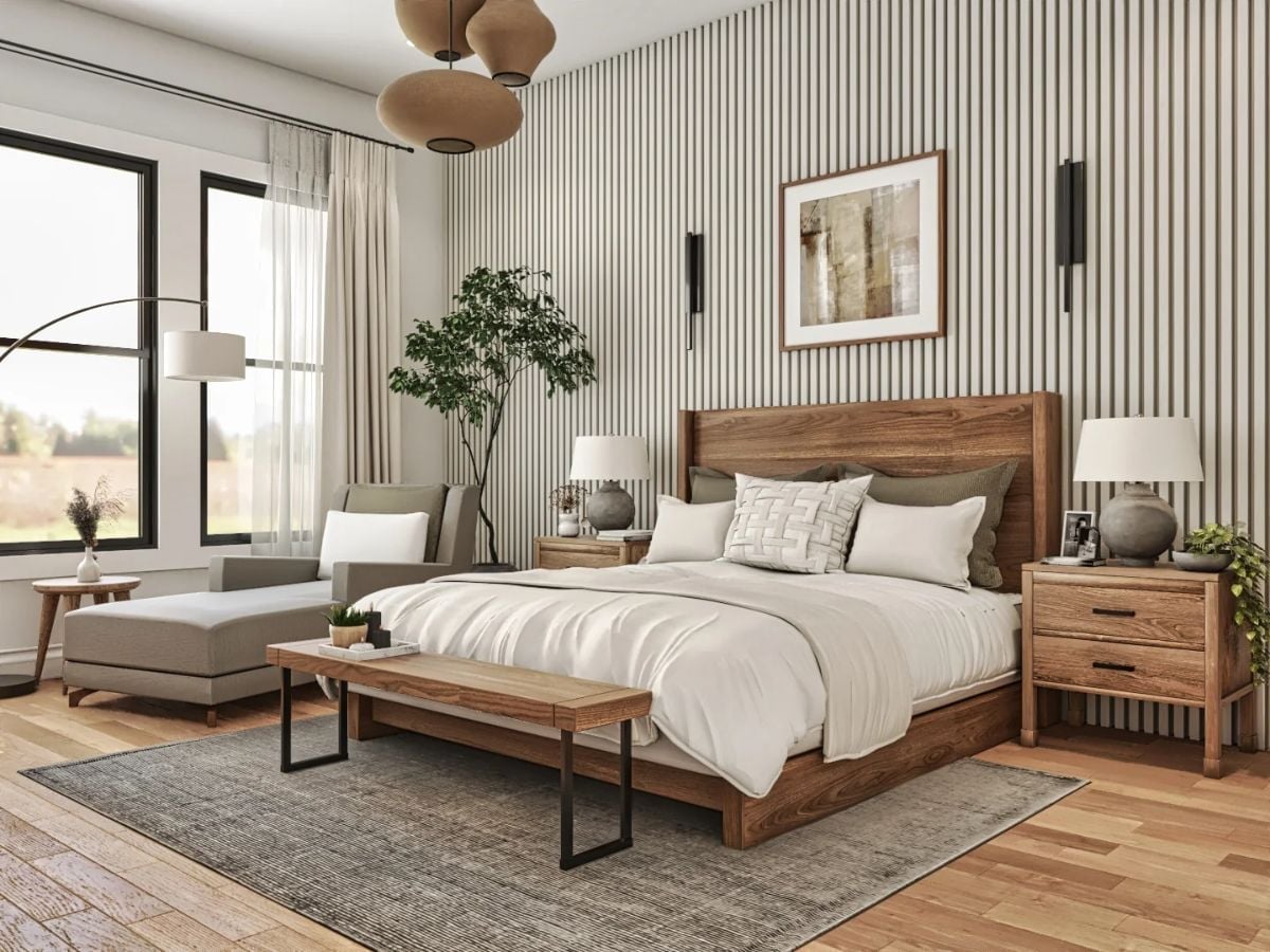 Warm Wood Tones and Striped Wallpaper That Make a Bedroom Feel Grounded