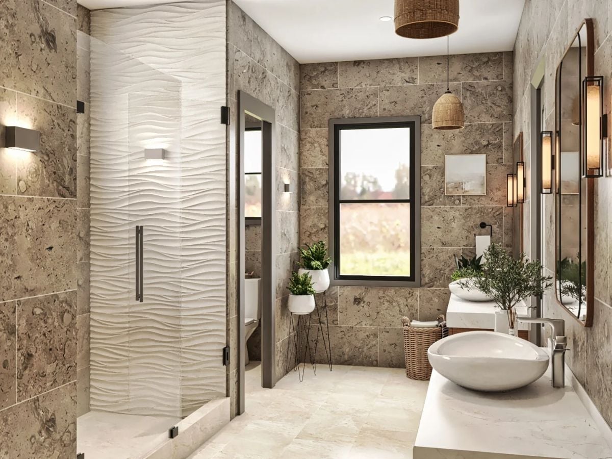 Wavy 3D Tile, Vessel Sinks, and Stone Walls That Earn Their Place in a Bathroom