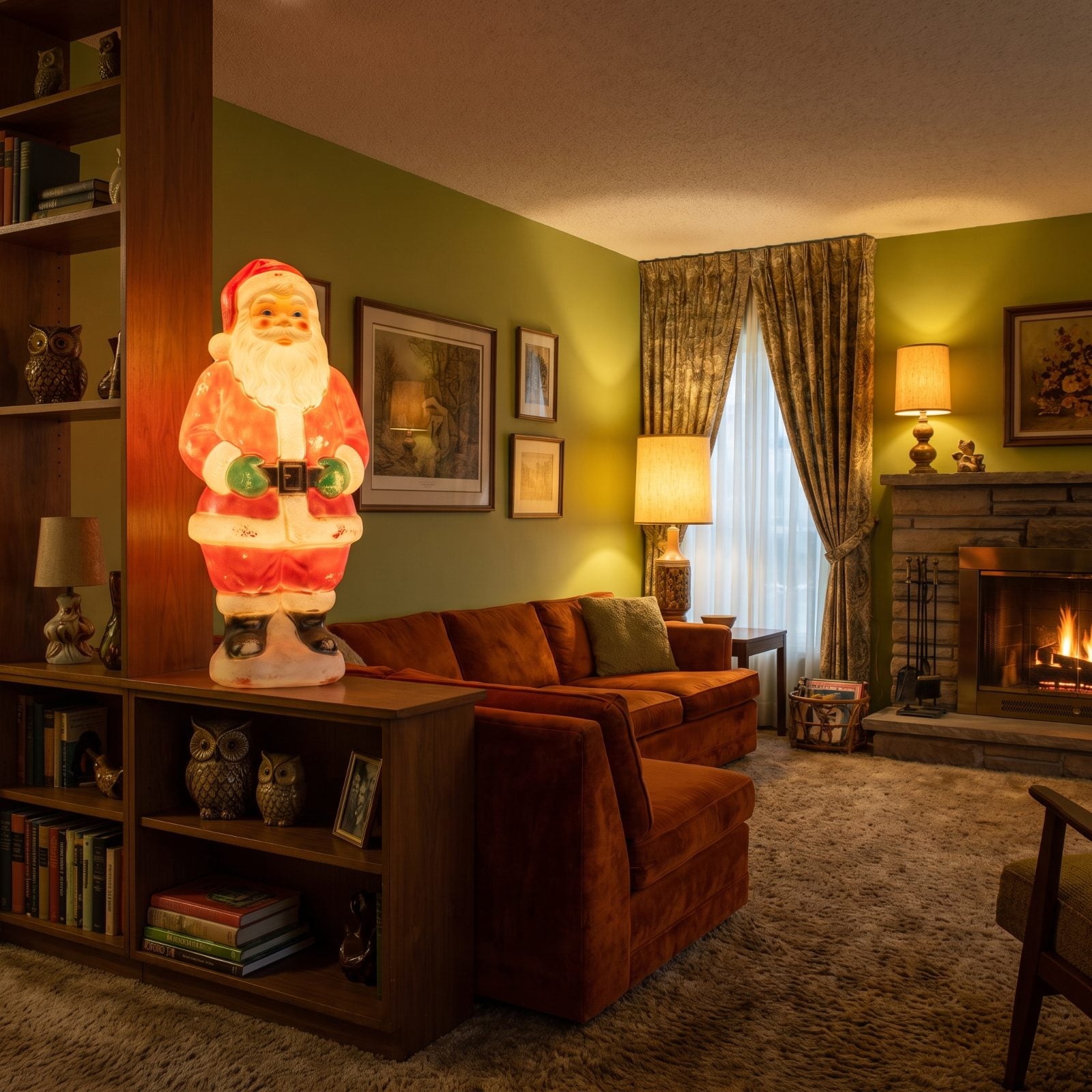 A Blow-Mold Santa Glowing Indoors