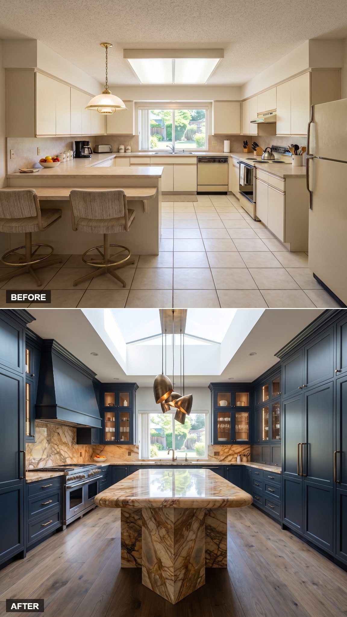 Blue-black kitchen cabinets with a Breccia marble island