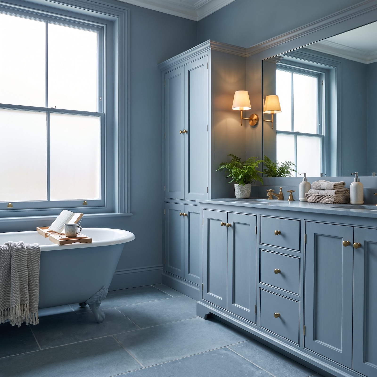 Blue-gray bathroom with vanity, trim, door, and walls treated as one continuous color composition