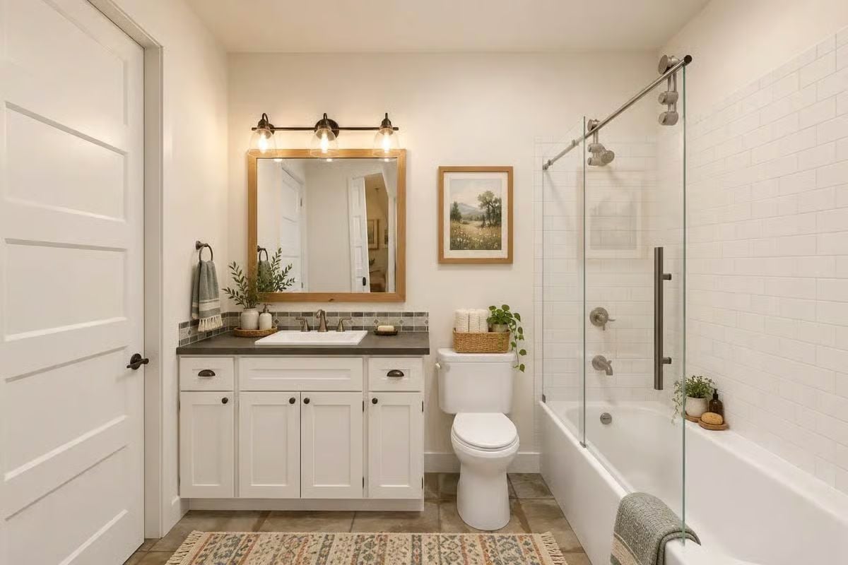 Warm Wood and Subway Tile Pull a Shared Bathroom Toward Something Genuinely Calm