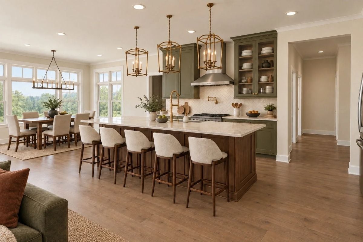 Gold Lanterns, Green Cabinets, and an Island That Seats the Whole Crew