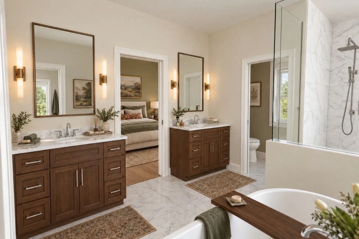 Separate Vanities, a Soaking Tub, and Marble Tile That Does the Heavy Lifting