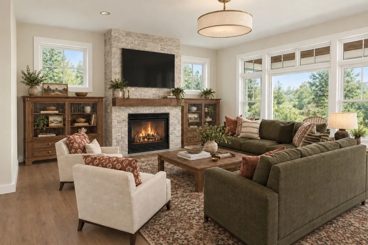 Stone Fireplace, Green Velvet, and a Room That Earns Every Hour Spent in It