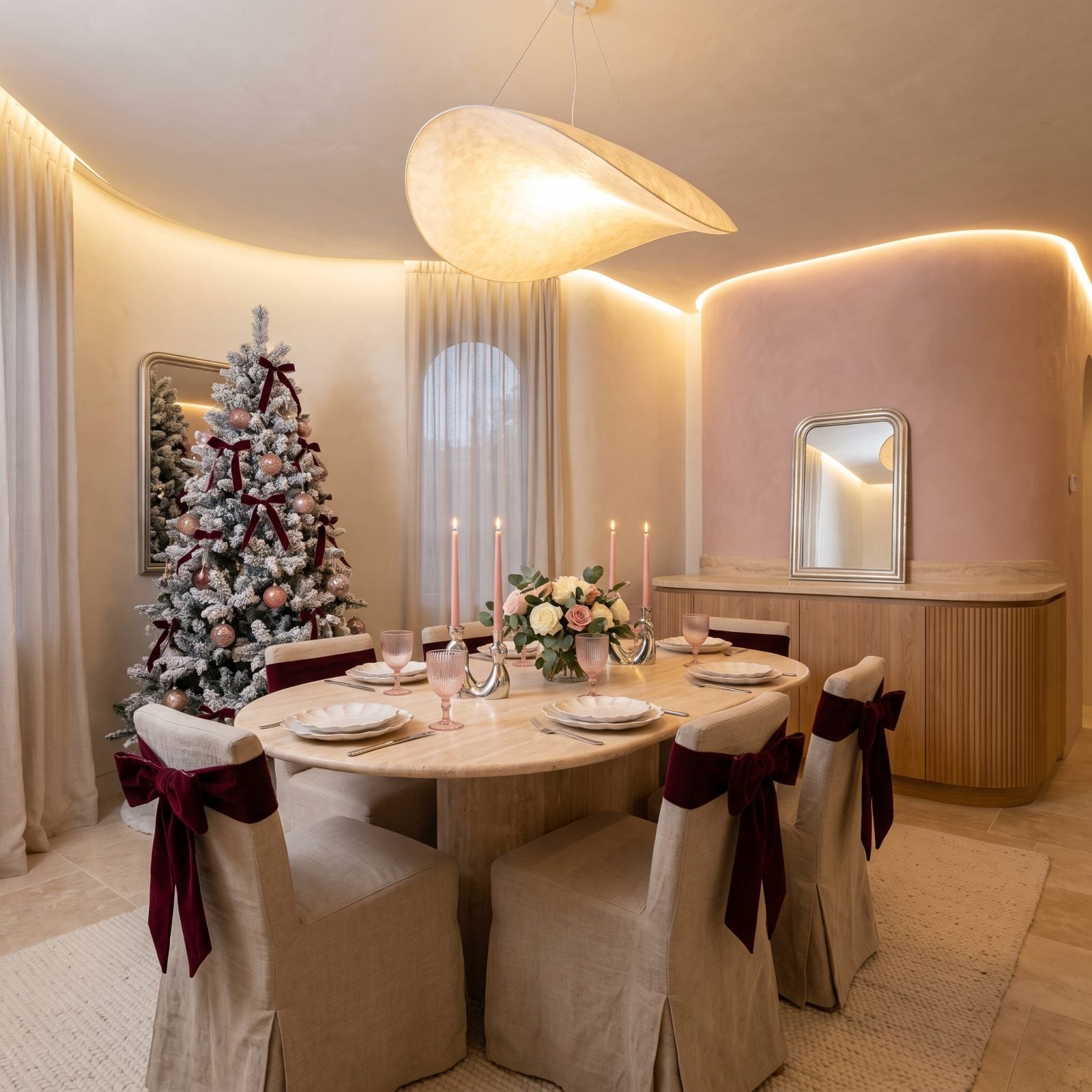 Blush Walls, Burgundy Bows and Candles the Color of Petals