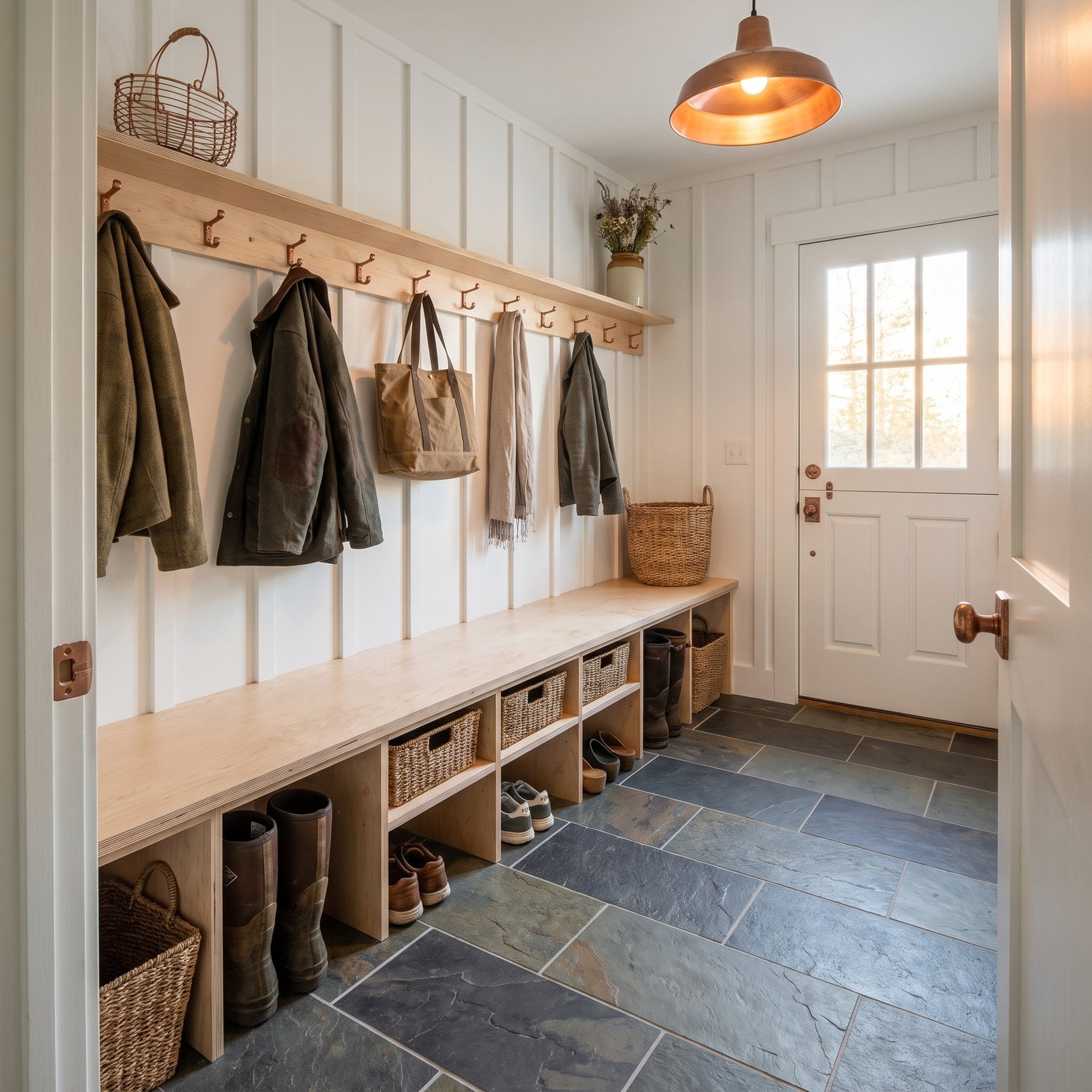Board-and-Batten, Birch Benches and Copper Hooks by the Back Door
