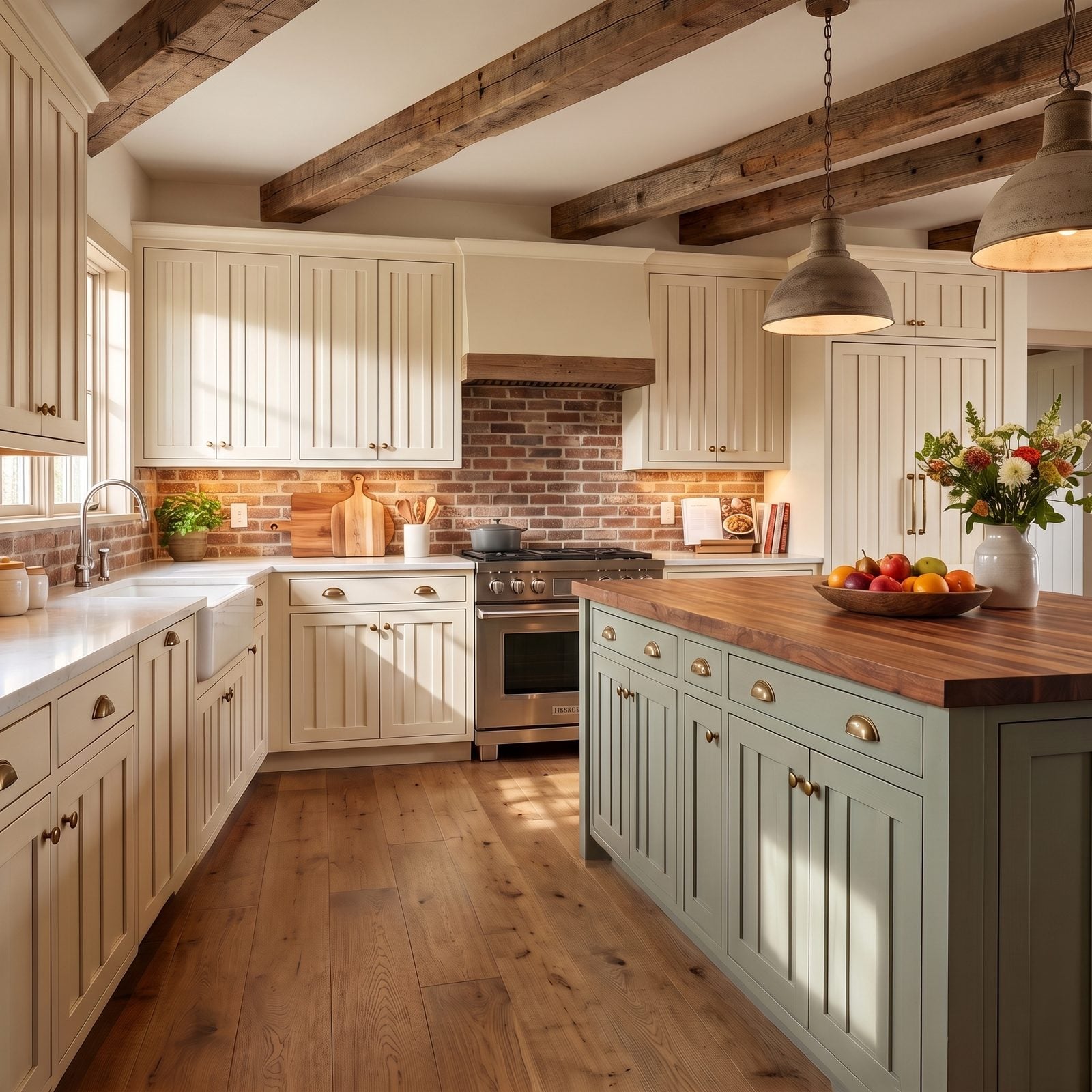 Kitchen with board-and-batten inspired cabinet doors: Batten-style vertical detailing on creamy white doors with a sage island and reclaimed beams.
