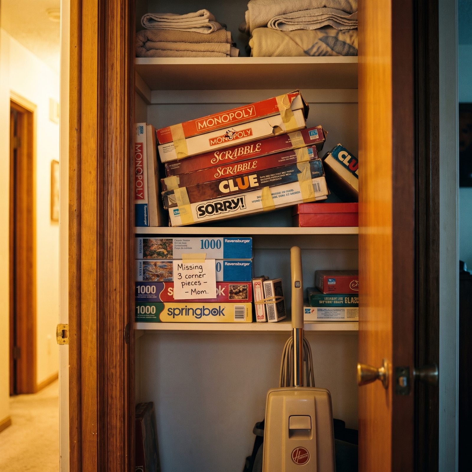 The Board Games Stacked Precariously in the Hall Closet