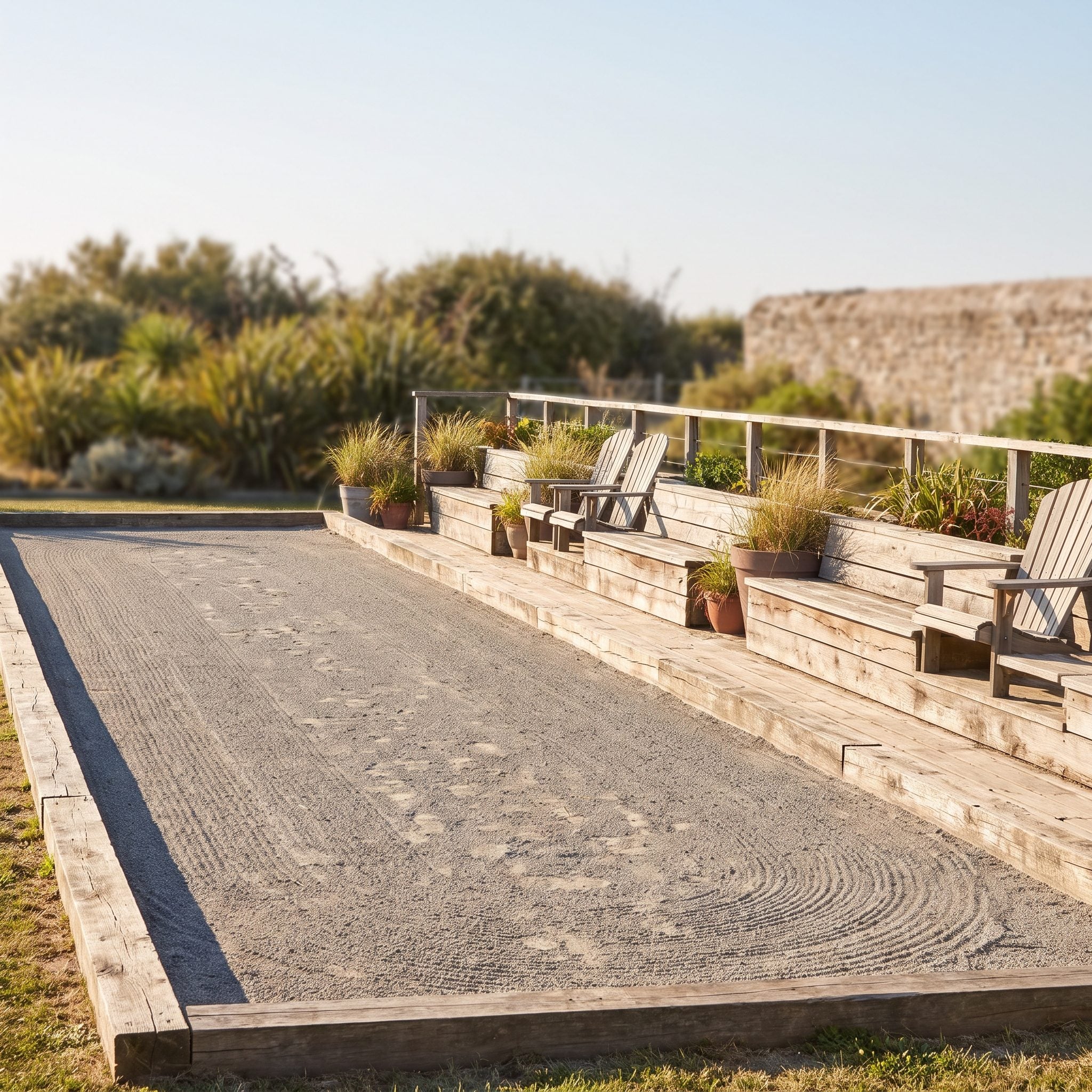Bocce court beside a slightly raised spectator terrace with a pergola, built-in bench and drink tables