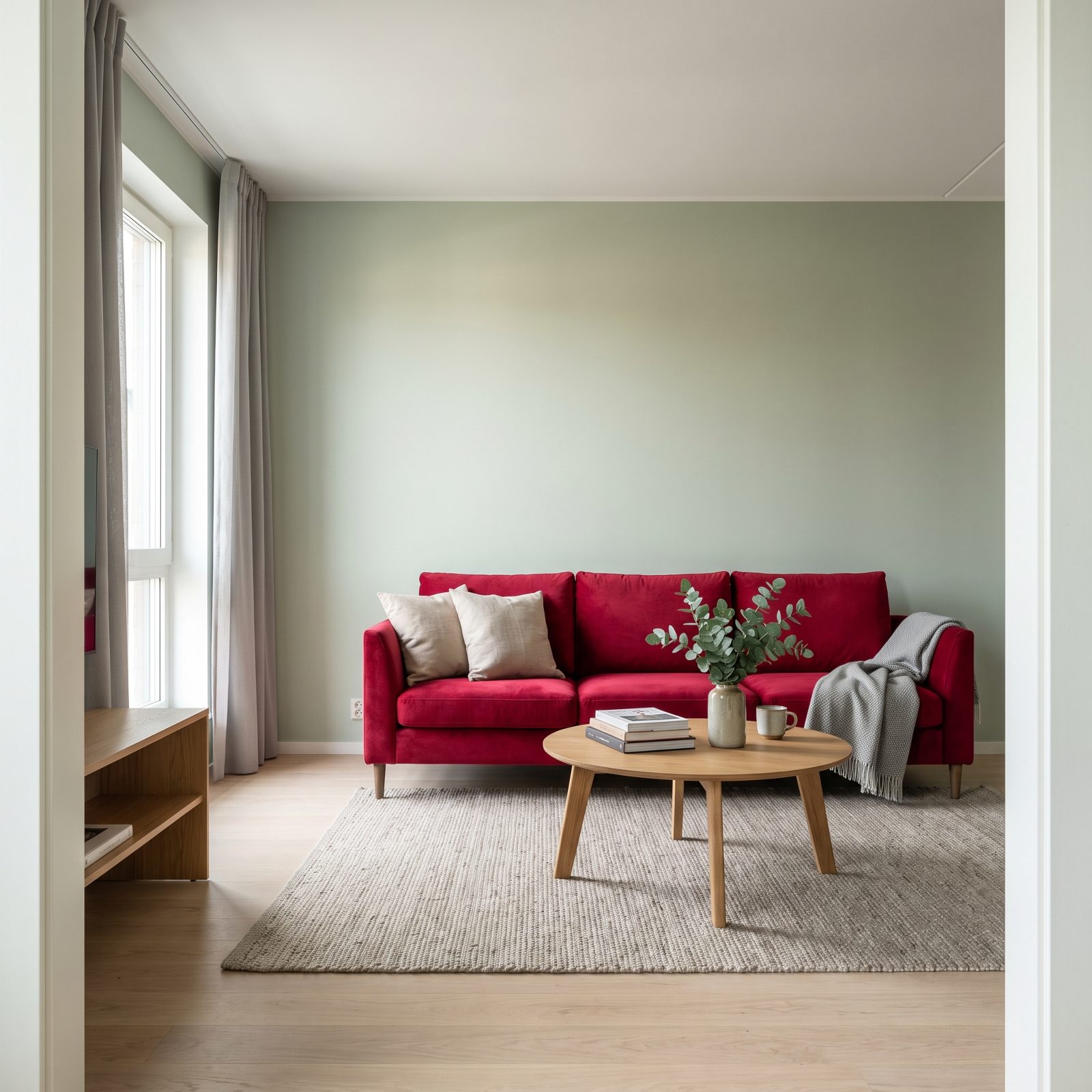 Gray-walled living room with a crimson velvet three-seat sofa against the far wall and neutral pillows and rug.