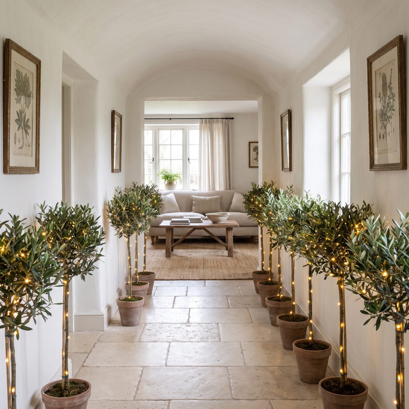 A Bone-White Hallway Lined With Miniature Lit Trees