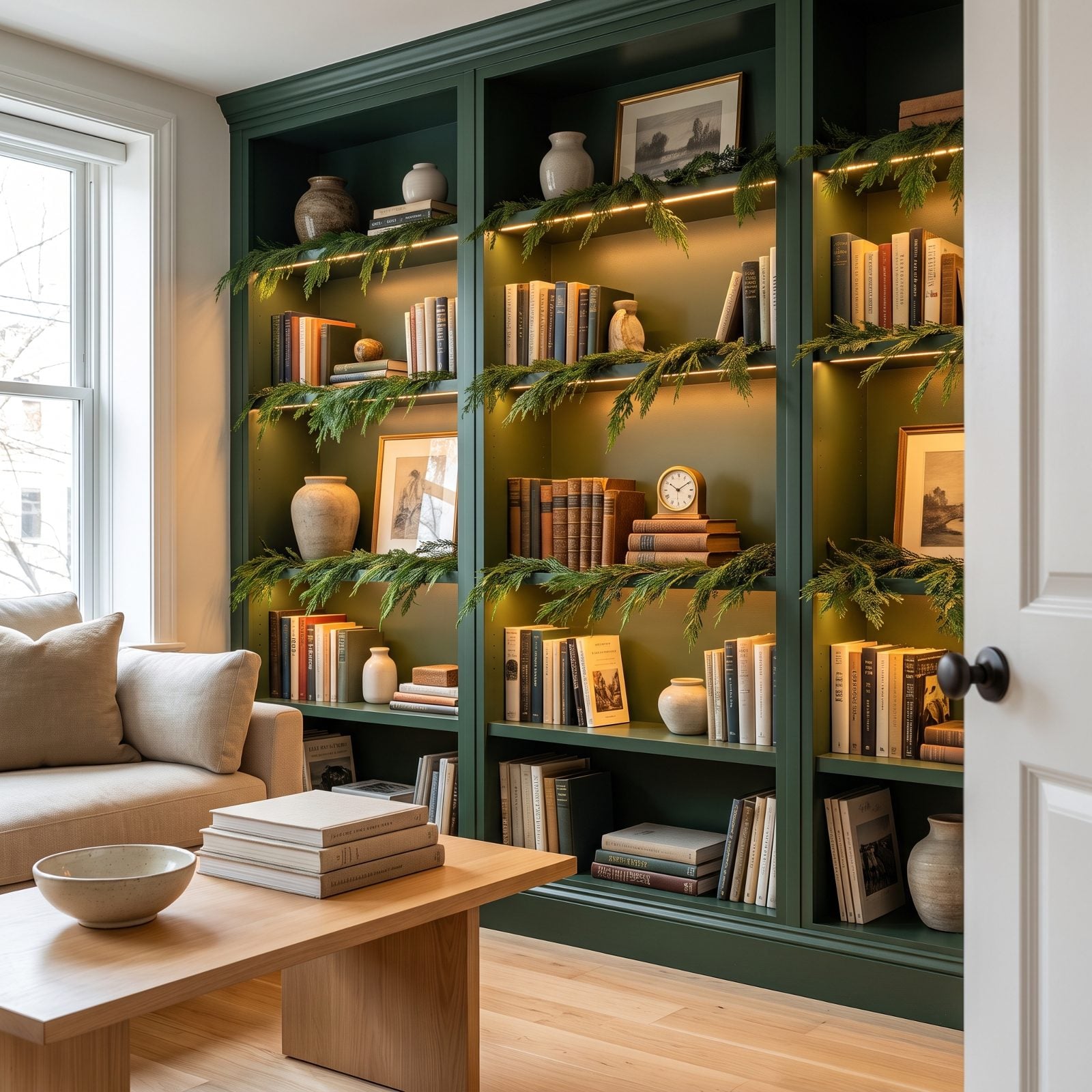 A Bookcase Layering Concealed Shelf Lighting with Greenery