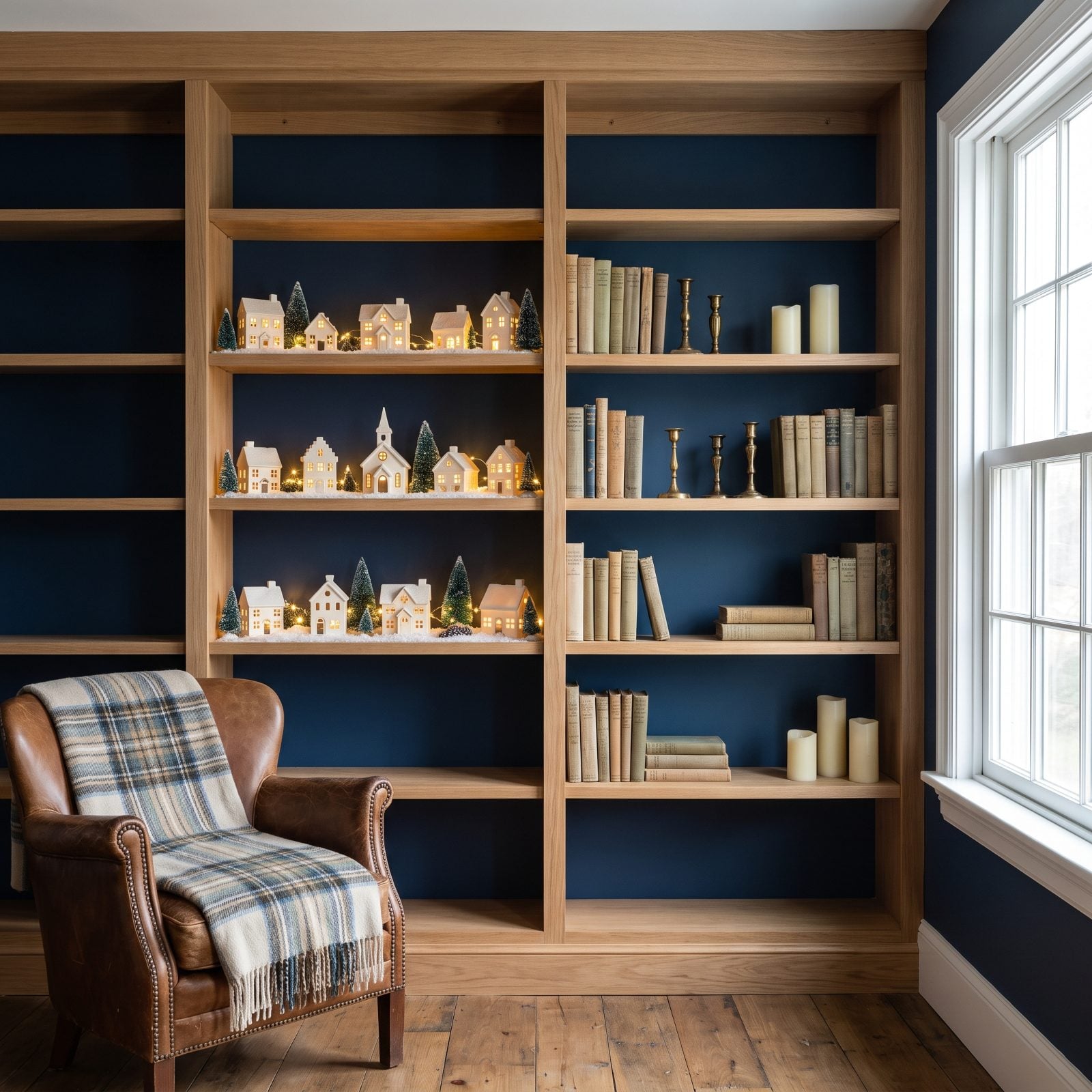 A Bookcase Styled as a Christmas Village
