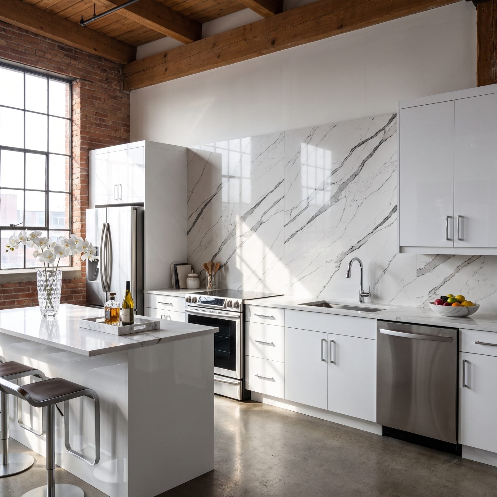 Glam kitchen with a bookmatched marble feature wall whose mirrored veins fail to meet at the center seam.
