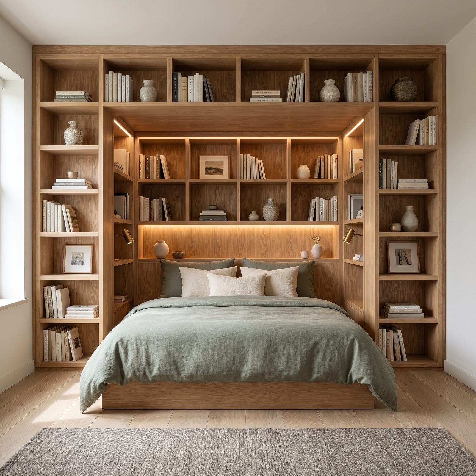 Books as a Headboard: The Built-In Bookcase Framing the Bed