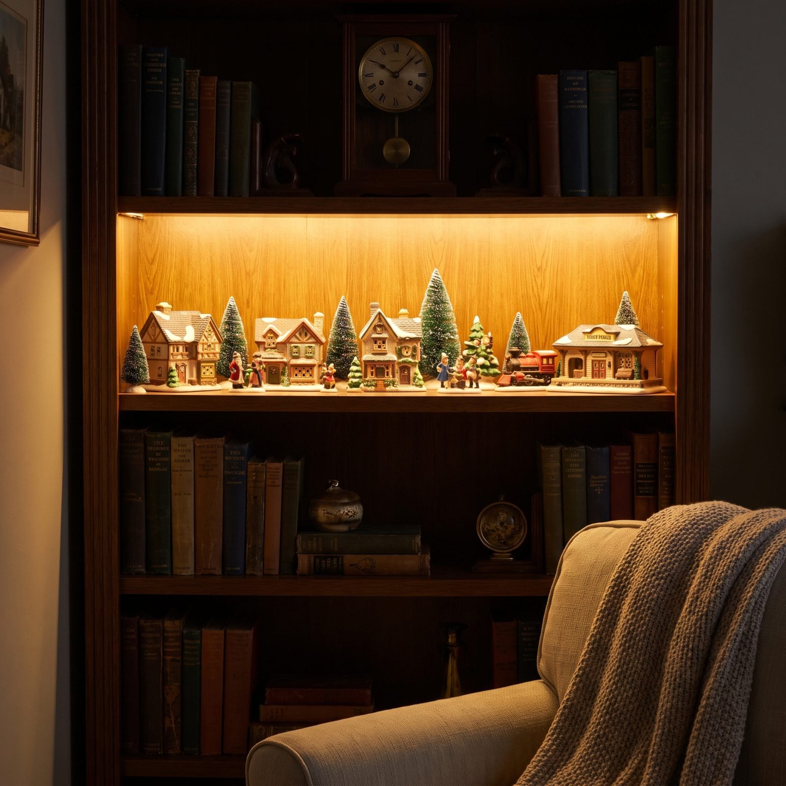 A Bookshelf With One Shelf Devoted to a Vintage Christmas Village