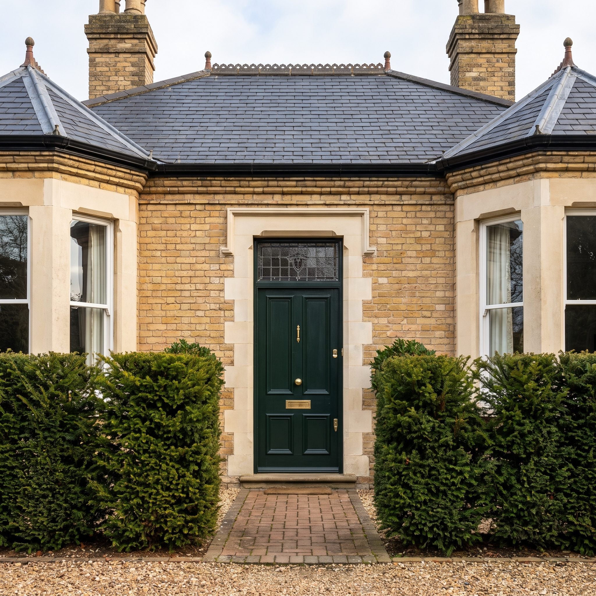 Deep bottle-green front door set within warm buff-brick masonry