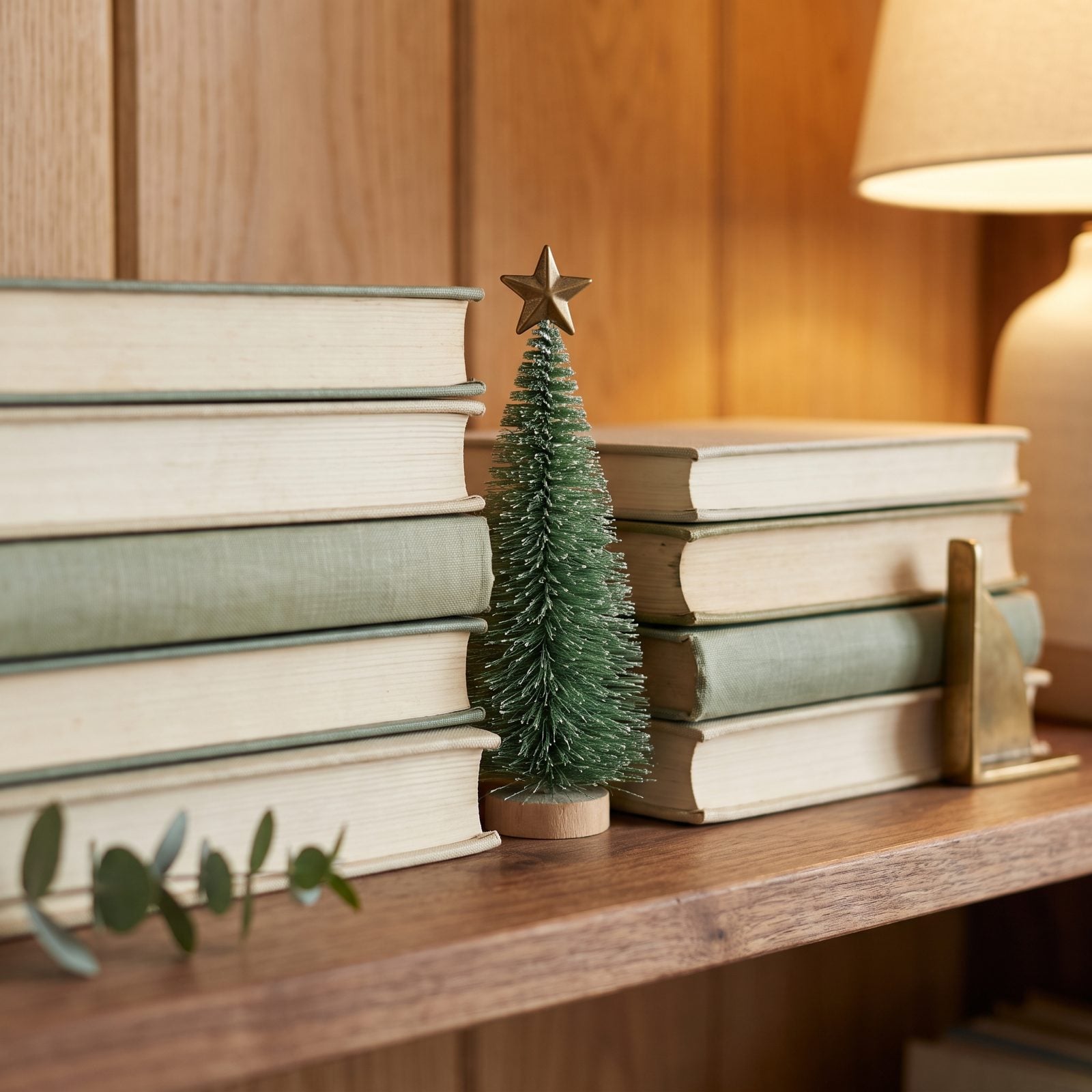 A Bottlebrush Tree Tucked Between Stacked Books