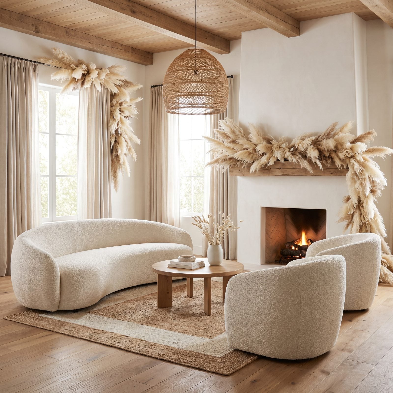 Bouclé-Filled Lounge with Feathery Pampas Holiday Garlands
