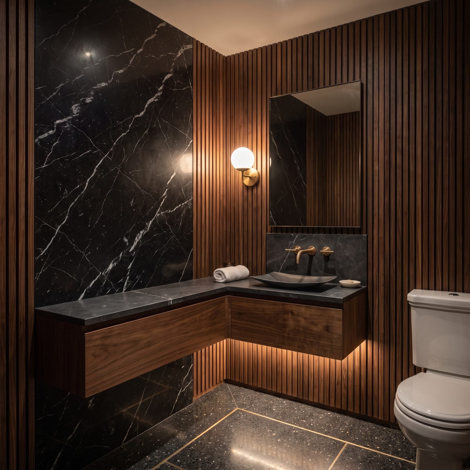 Boutique-Hotel Mood: Dark Marble Walls and Walnut Panels