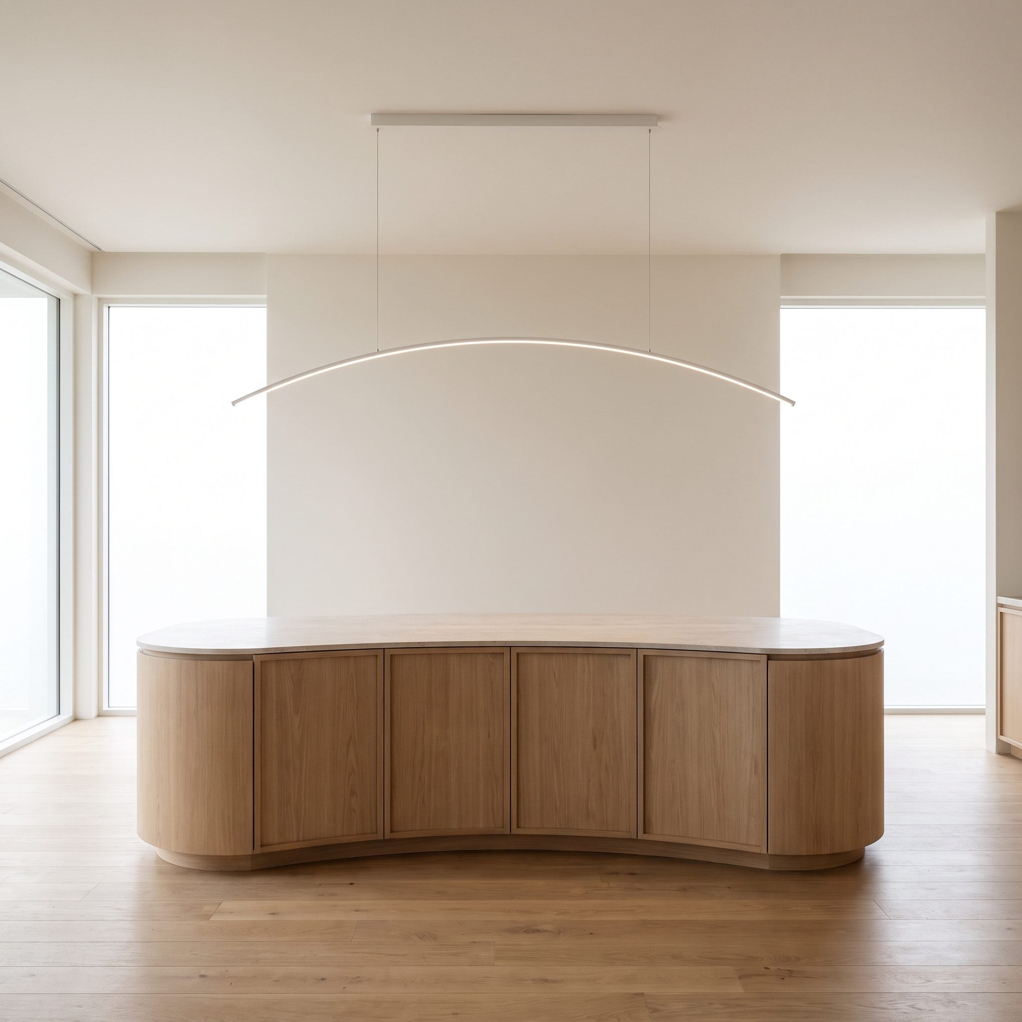 Bowed Island With One Gently Curved Linear Pendant