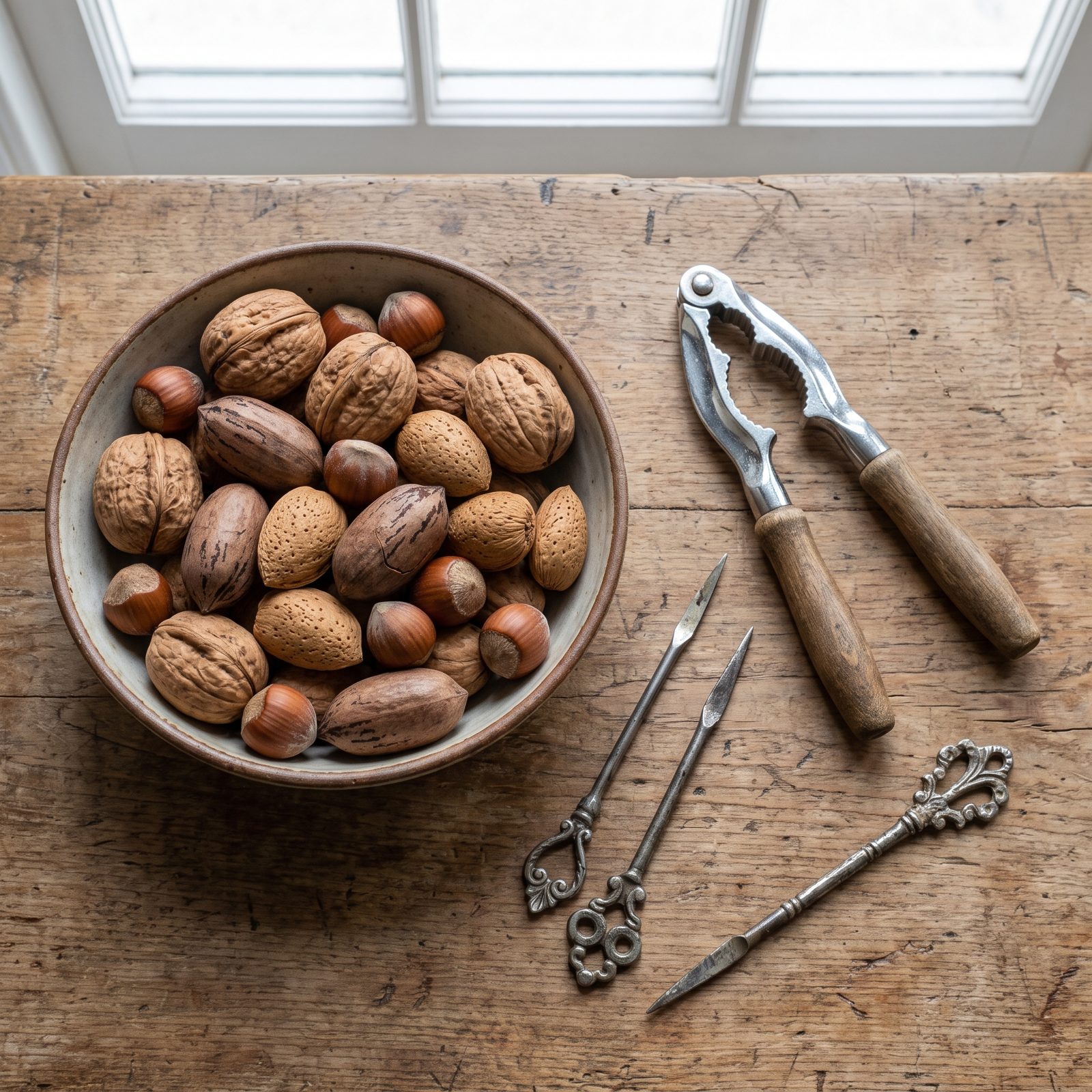 A Bowl of Mixed Nuts With the Metal Nutcracker