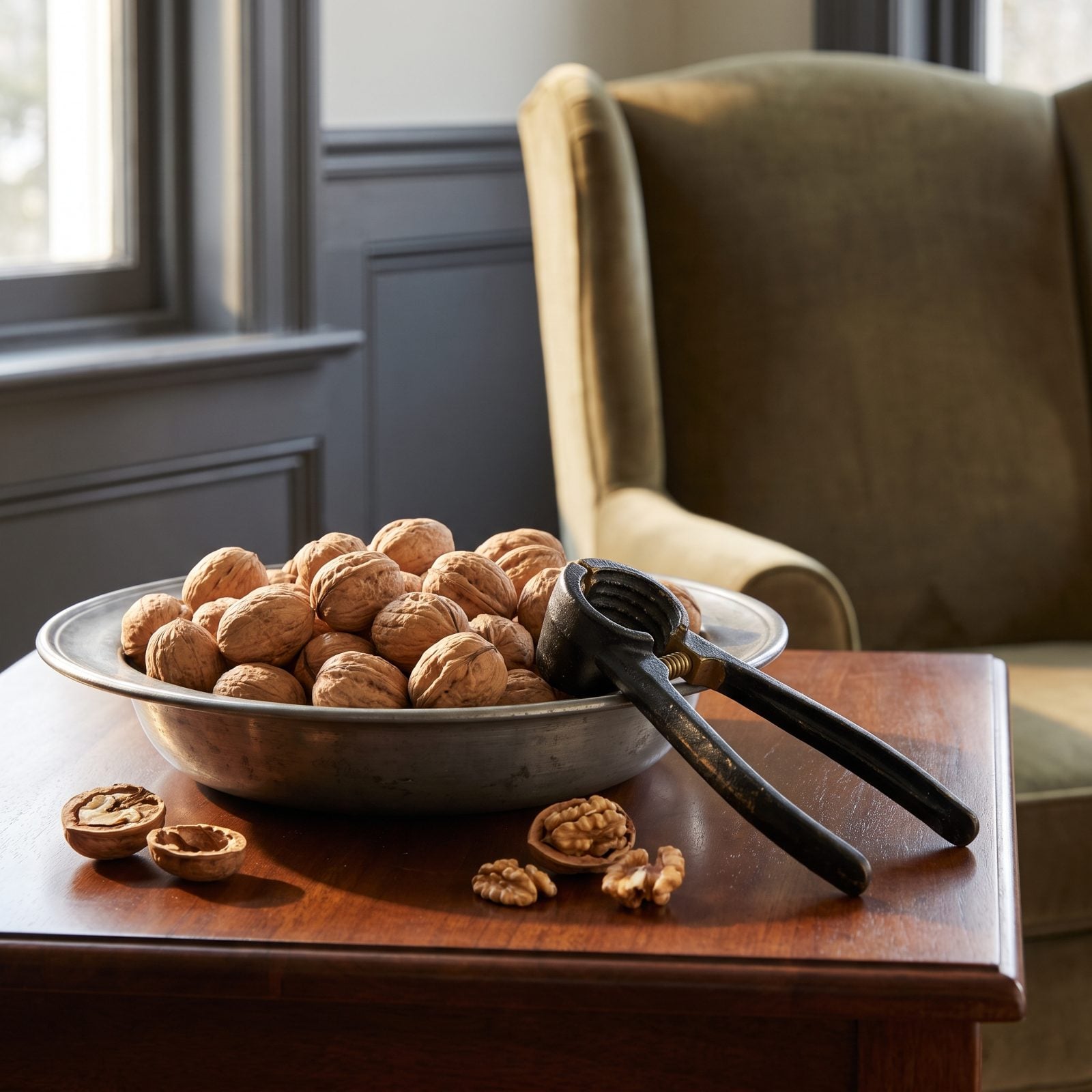 A Bowl of Walnuts with a Vintage Nutcracker