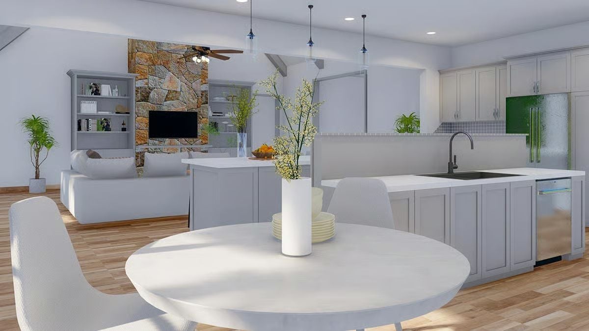 Gray Cabinets Fade Back So the Stone Fireplace Can Do Its Job
