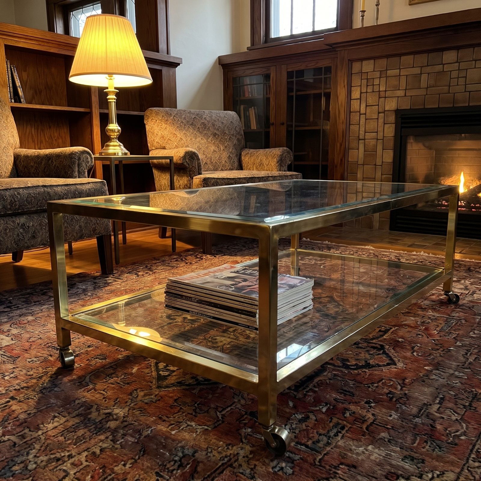 The Brass-and-Glass Coffee Table on Casters