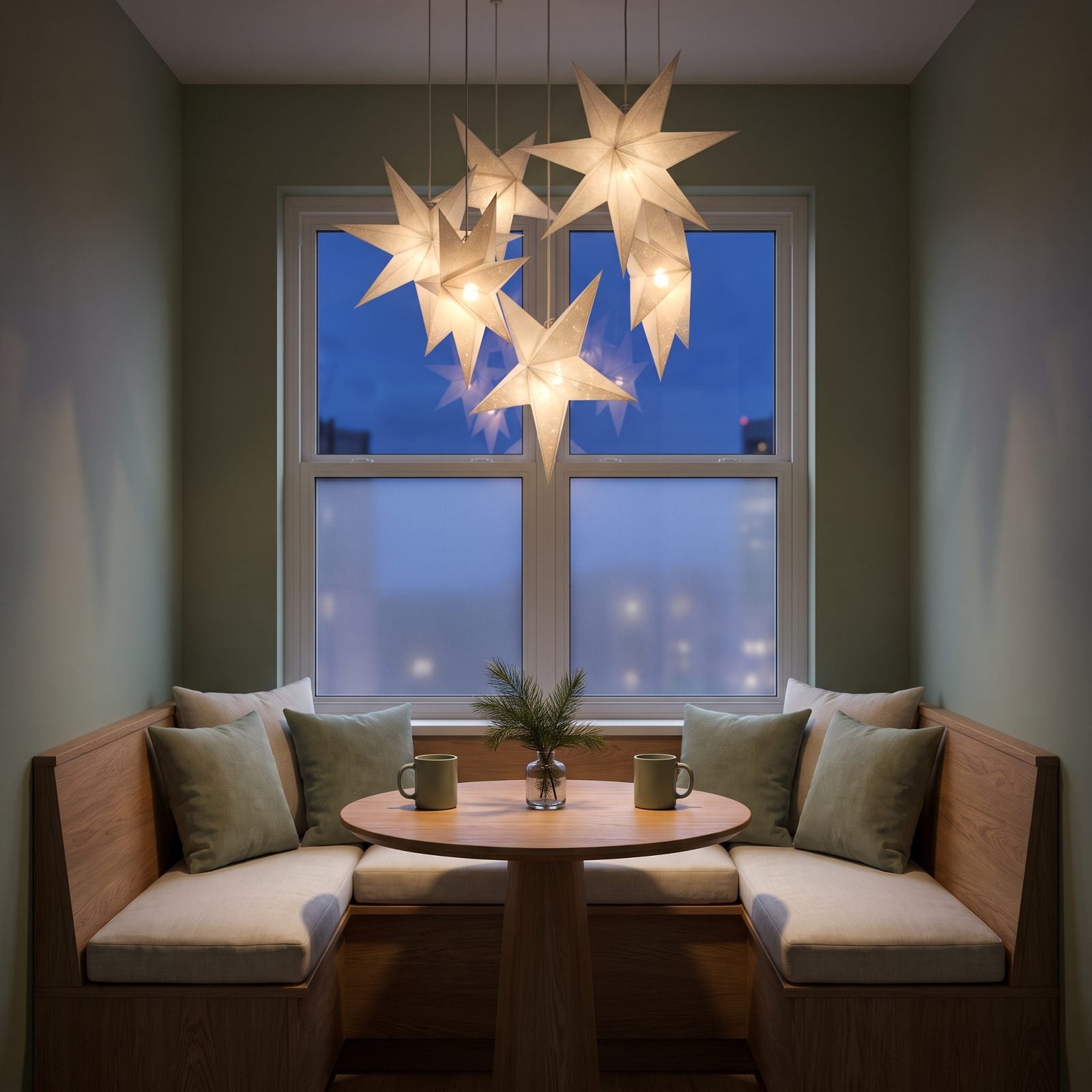 A Breakfast Nook Beneath a Glowing Paper-Star Mobile
