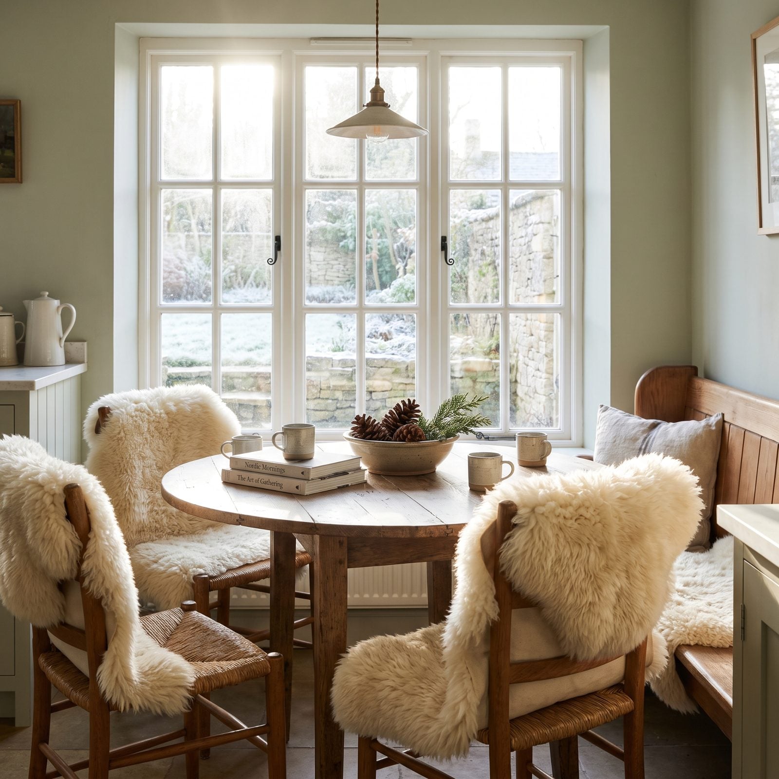 A Breakfast Nook Draped with Sheepskin Chair Covers