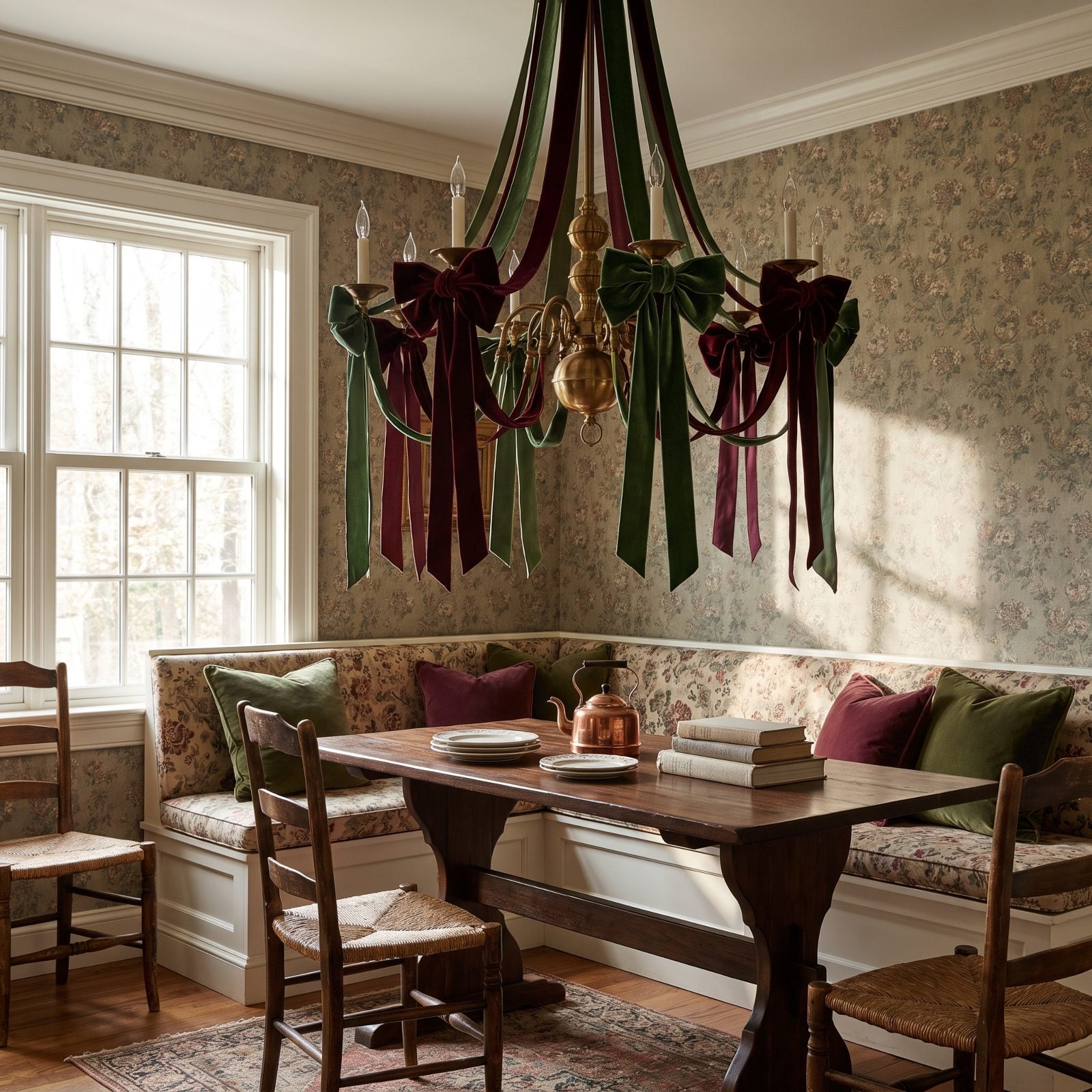 A Breakfast Nook Glowing Under a Bow-Covered Chandelier