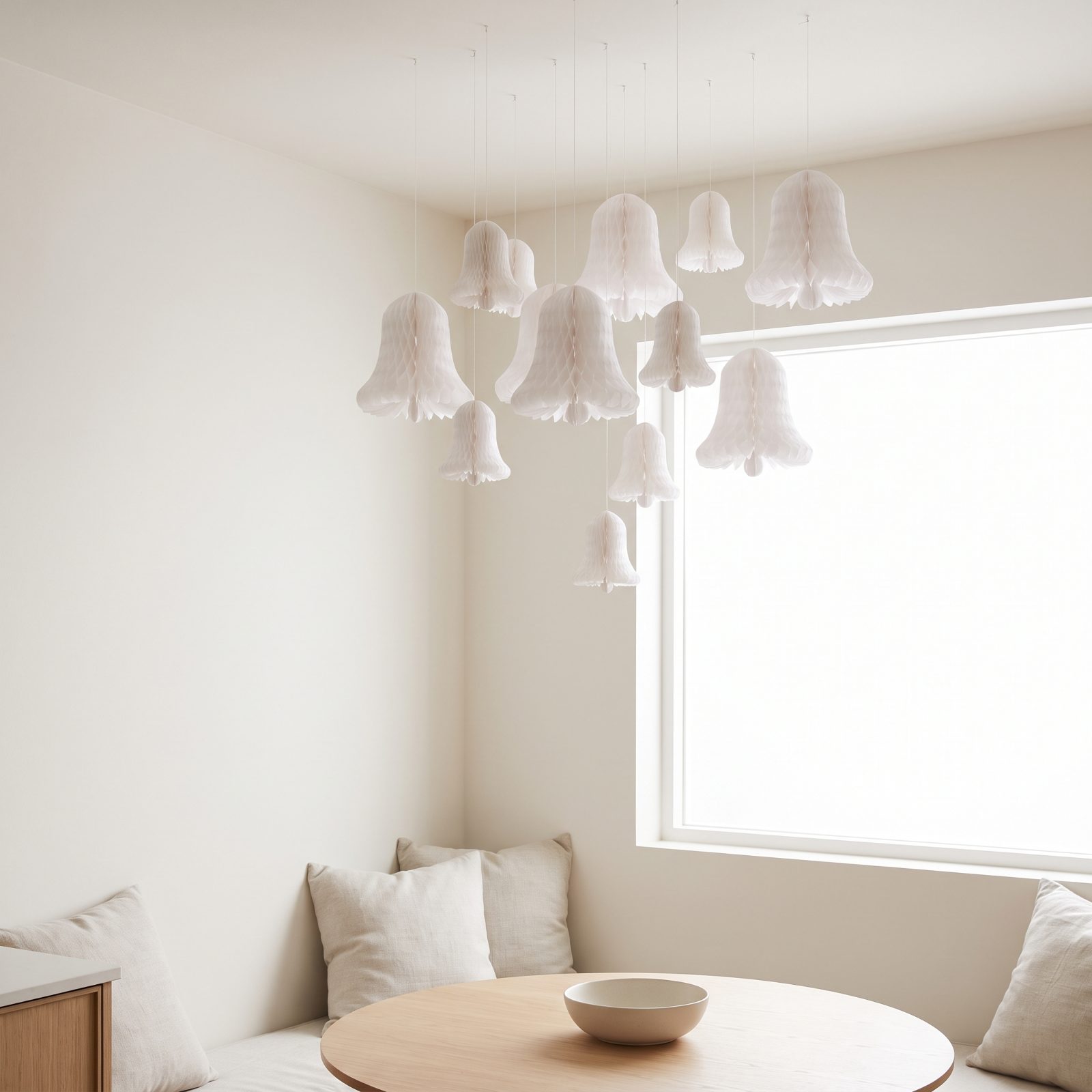 A Breakfast Nook Under a Cloud of White Paper Bells