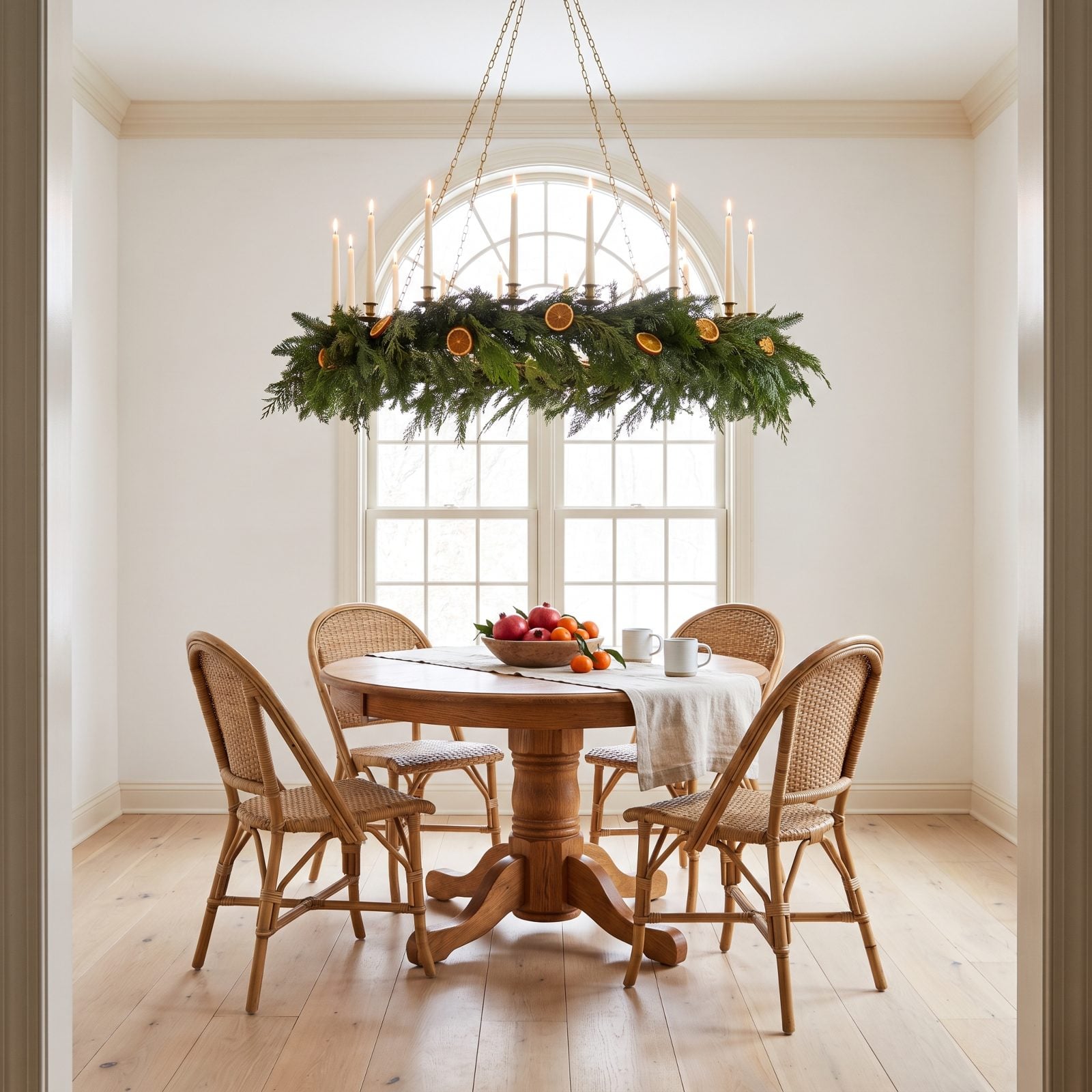A Breakfast Room Beneath a Ceiling-Hung Evergreen Ring