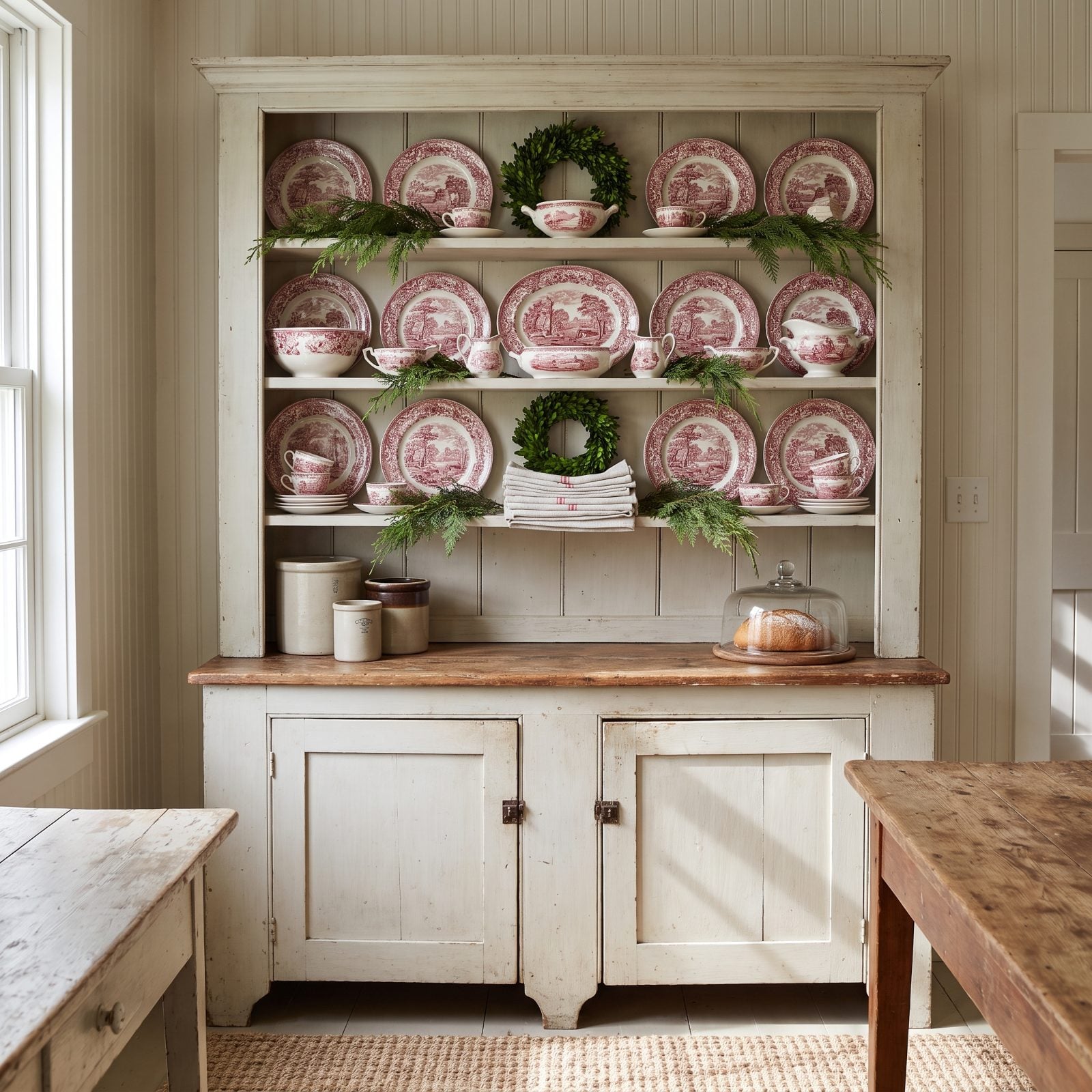 A Breakfast-Room Hutch in Red Transferware and Greenery