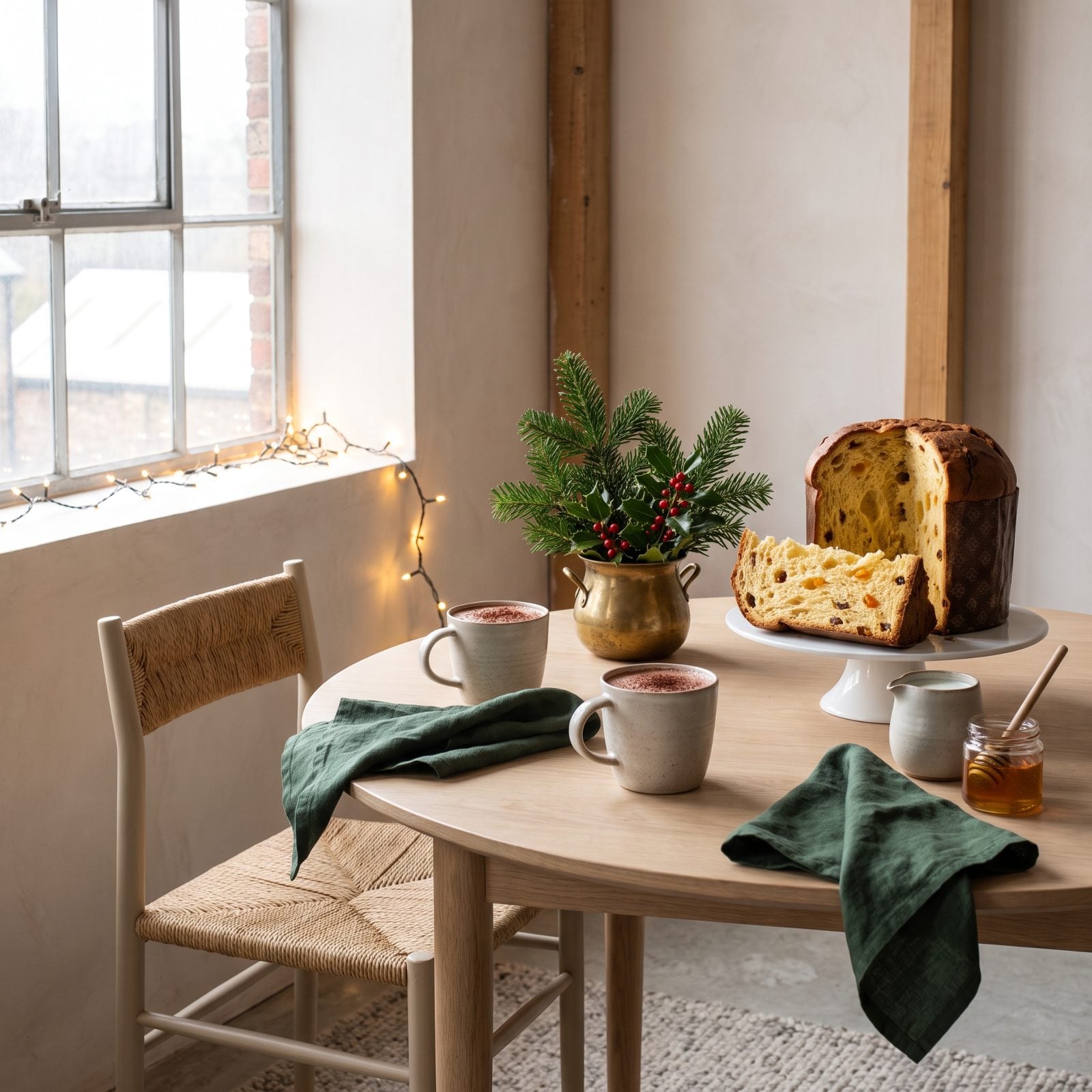 A Breakfast Table Set for Hot Chocolate and Panettone