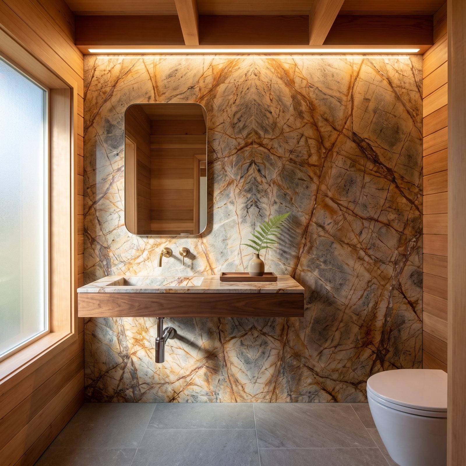 Breccia Capraia Splash Wall With a Pencil-Thin Walnut Vanity