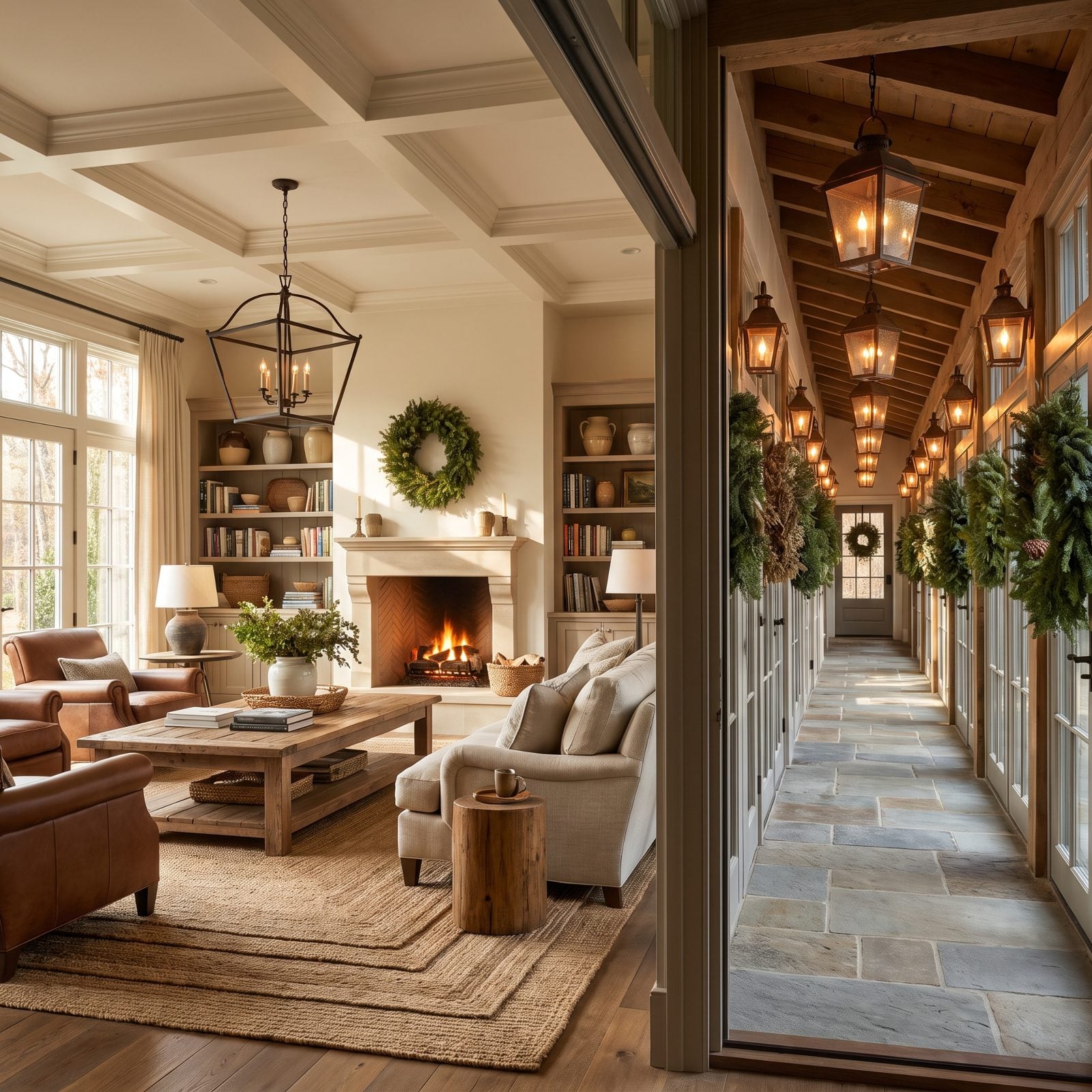 A Breezeway Lined With Wreaths and Glowing Lanterns