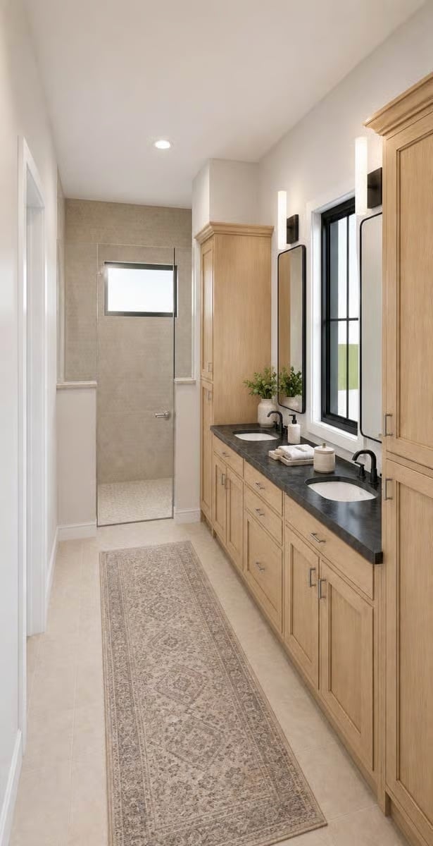 Light Wood Cabinetry and Black Counters Pull the Whole Vanity Together