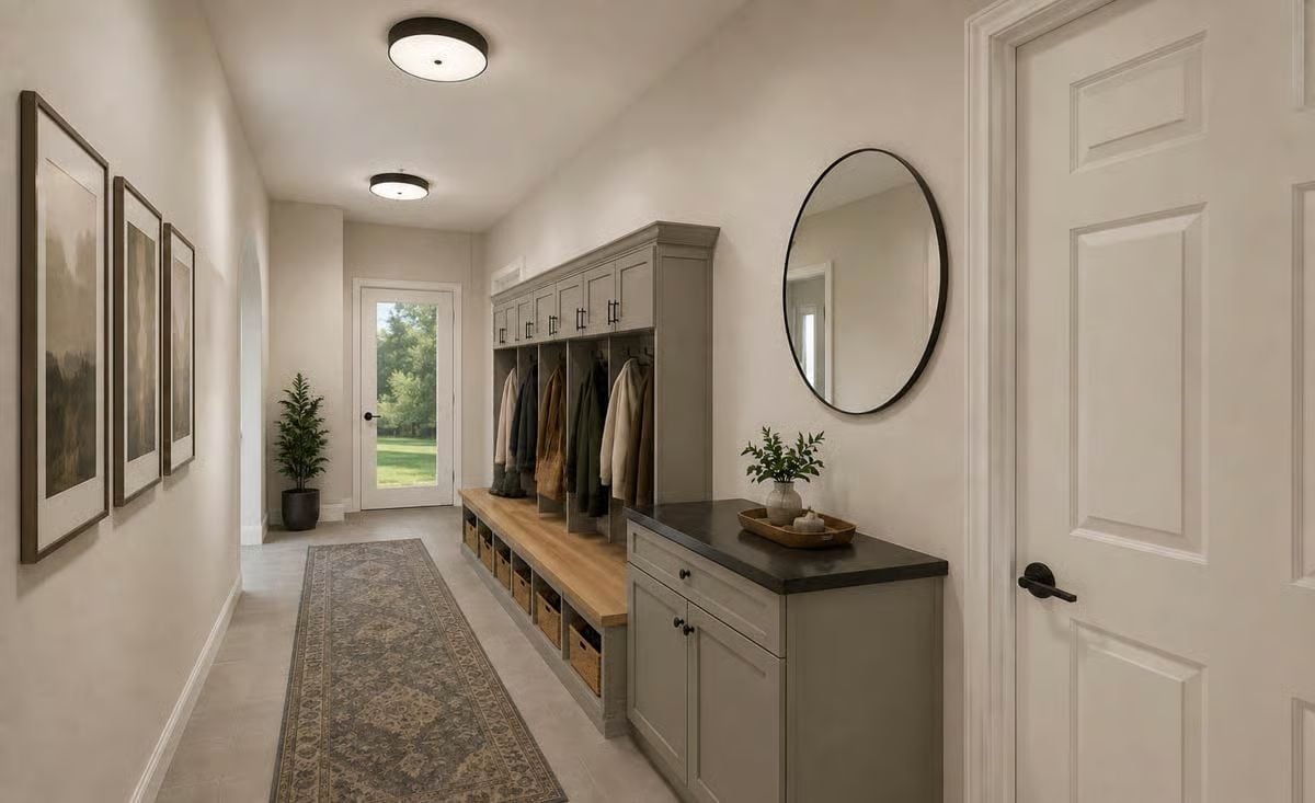 Sage Cabinetry and Wicker Baskets Keep the Mudroom Grounded