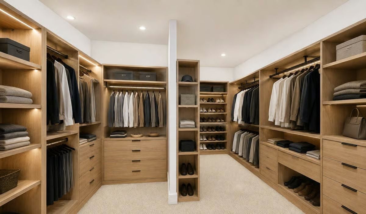 Warm Oak Shelving and Under-Cabinet LEDs Make This Closet Look Like It Has a Staff